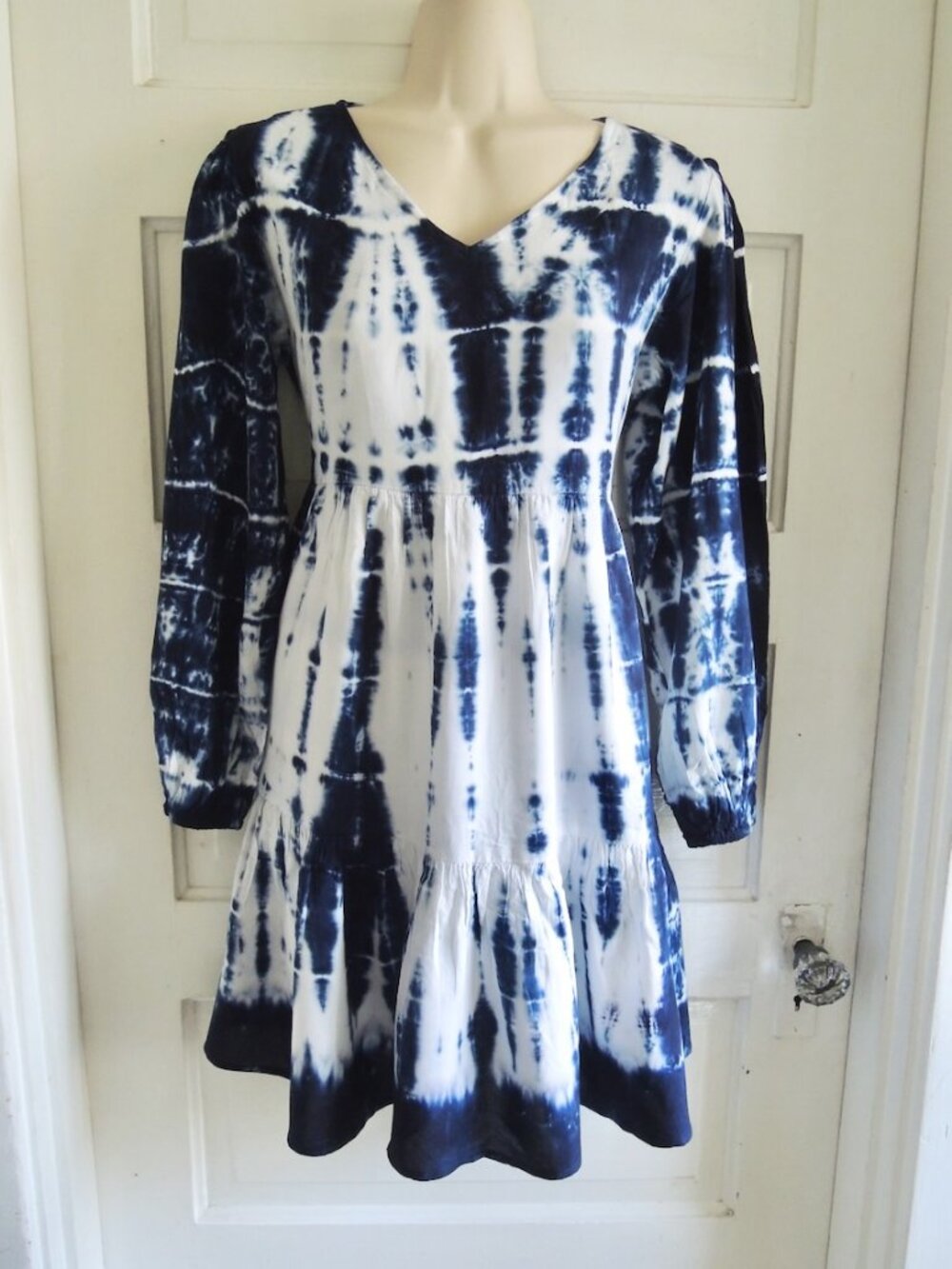 Sweet Magnolia Blue & White Tie Dye Puff Sleeve Dress Beach Cover S